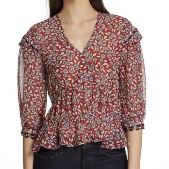 LOVELY ba & sh Blanche Floral Peplum Top, Bordeaux, s - Picture 1 of 3